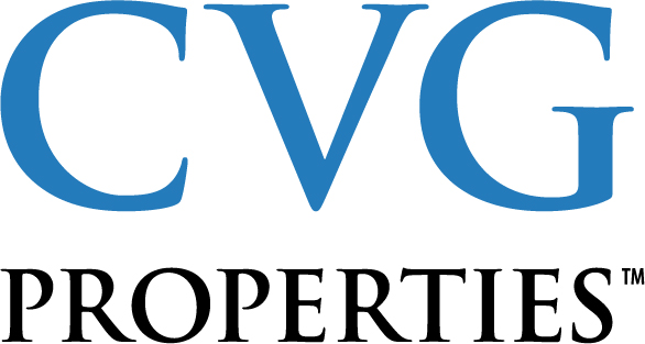 A blue and black logo that says CVG properties.