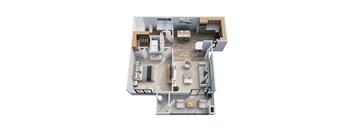 A top-down view of a modern apartment layout with a living room, kitchen, dining area, and bathroom.