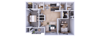 A top-down view of a small apartment layout with a living room, kitchen, and bedroom.