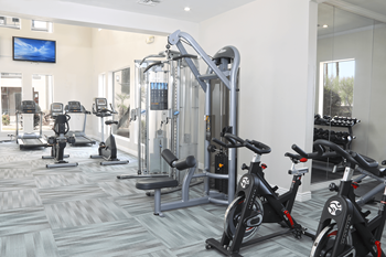 A gym with a variety of exercise equipment including treadmills, stationary bikes, and weight machines.