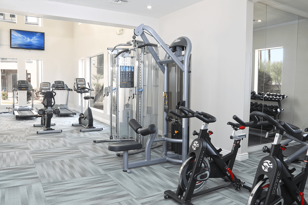 A gym with a variety of exercise equipment including treadmills, stationary bikes, and weight machines.