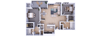 A top-down view of a small apartment with a kitchen, living room, and bedroom.