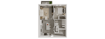 A top-down view of a small, neatly organized apartment with a kitchen, living room, and bathroom.