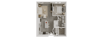 3D floor plan with bedroom living and dining areas at Avion at West Lemmon Apartments, Dallas, TX
