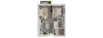 A 3D rendered image of a small apartment layout.