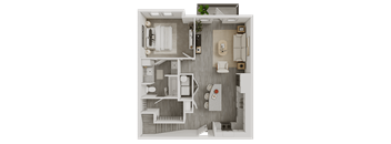 A detailed 3D floor plan of a small apartment.