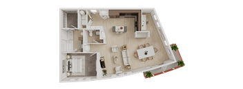 One bedroom floor plan with balcony 3D view at Matilda at Lower Greenville Apartments, Dallas, TX 75206