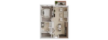 One bedroom apartment layout with living area 3D view at Matilda at Lower Greenville Apartments, Dallas, TX