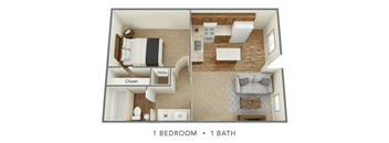 The 525 square foot one bedroom apartment includes a private room with large closet. Includes a full bath with tub, shower, sink and toilet. Kitchen and living room are open, kitchen is fully equipped to include a table island for seating