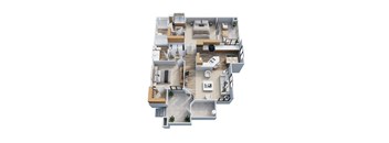 A top-down view of a house layout with multiple rooms and furniture.