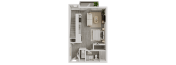 3D floor plan with living area and bathroom at Avion at West Lemmon Apartments, Texas, 75235