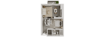 A top-down view of a small, neatly organized apartment with a kitchen, living room, and bathroom.