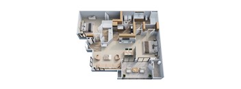 A top-down view of a house layout with a kitchen, living room, and bedrooms.