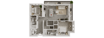 A detailed 3D floor plan of a modern, minimalist apartment.