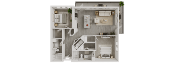 A 3D floor plan of a small apartment with a kitchen, living room, and bedroom.