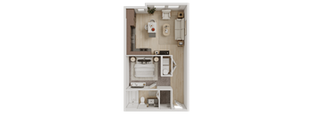 Studio apartment floor plan with living area 3D view at Matilda at Lower Greenville Apartments, Dallas, Texas