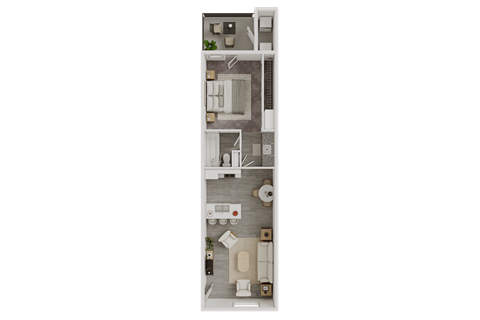 A floor plan of a small apartment with a kitchen, living room, and bathroom.