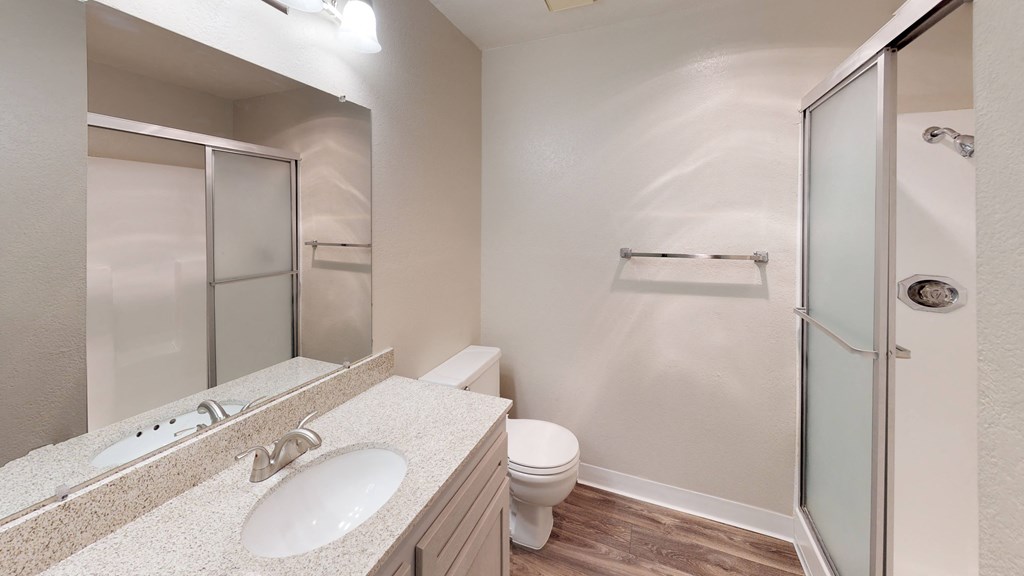 a bathroom with a shower sink and toilet and a mirror