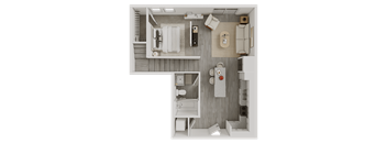 A top-down view of a small, neatly organized apartment with a bedroom, living room, and bathroom.