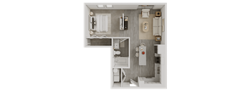 Studio apartment 3D floor plan with compact layout at Avion at West Lemmon Apartments, Dallas, TX 75235