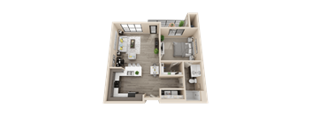 A 3D floor plan of a house with a kitchen, living room, dining room, and two bedrooms.