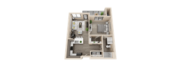 A 3D floor plan of a small apartment with a kitchen, living room, and bedroom.