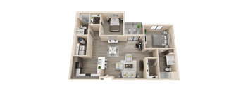 A 3D rendered image of a house layout.