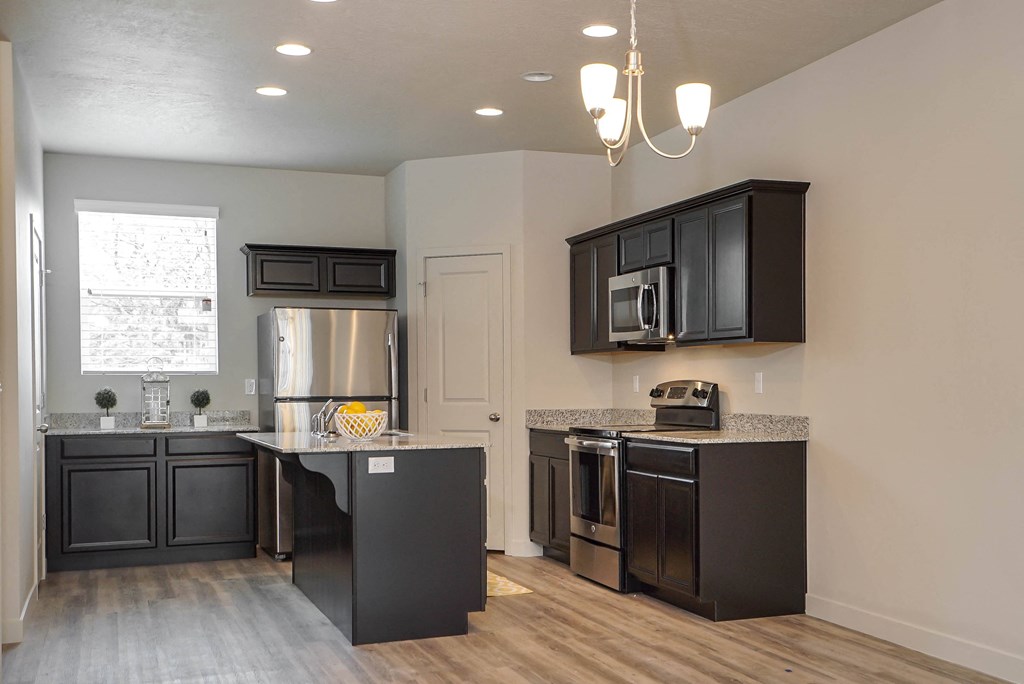 a kitchen with black cabinets and stainless steel appliances