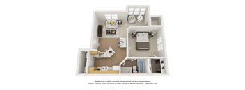 A 3D rendered image of a modern apartment layout.