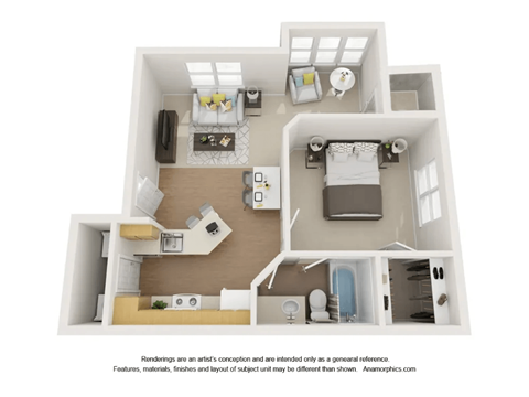 A 3D rendered image of a modern apartment layout.