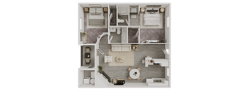 A top-down view of a small, neatly organized apartment with a kitchen, living room, and bathroom.