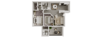 A top-down view of a house layout with a living room, kitchen, and two bedrooms.