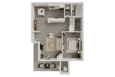 A top-down view of a small, neatly organized apartment with a kitchen, living room, and bathroom.