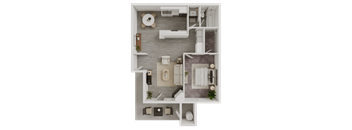 A top-down view of a small, neatly organized apartment with a kitchen, living room, and bathroom.