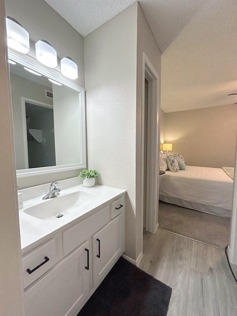 a bathroom with a sink and a mirror and a bedroom with a bed
