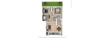 A floor plan of a house with a kitchen, living room, and two bedrooms.