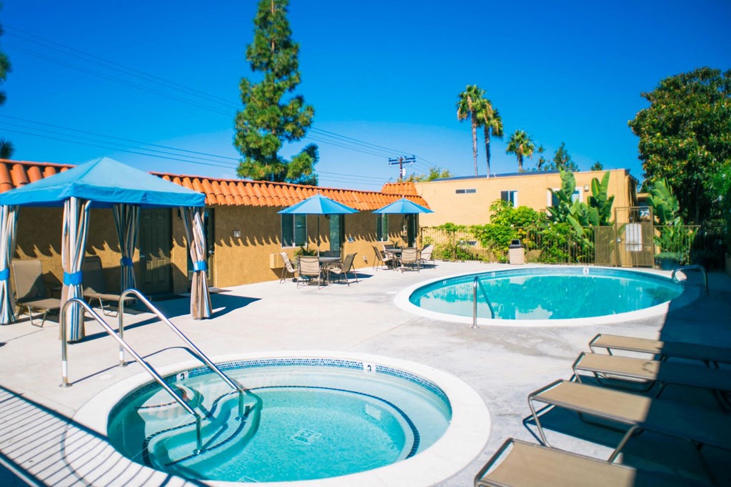 Pool and spa with Cabana Gazebos