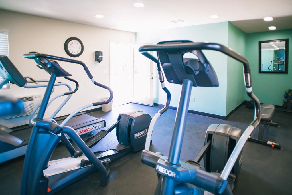 Stationary bikes, treadmill reflected in mirrored wall of fitness center
