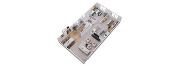 A 3D floor plan of a house with a kitchen, living room, and bedrooms.