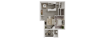 A top-down view of a small apartment with a kitchen, living room, and bathroom.