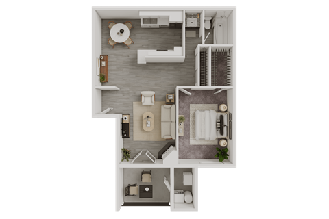 A top-down view of a small apartment with a kitchen, living room, and bathroom.