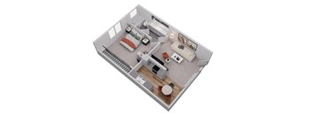 A top down view of a small apartment with a bedroom, living room, and kitchen.