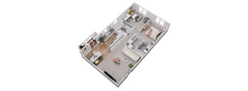 A 3D floor plan of a small apartment with a kitchen, living room, and bedroom.