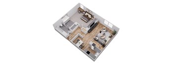 A top-down view of a modern apartment layout with a living room, kitchen, dining area, and bedrooms.