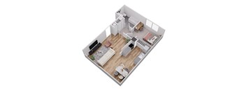 A white room with a couch, a bed, a table, and a chair.