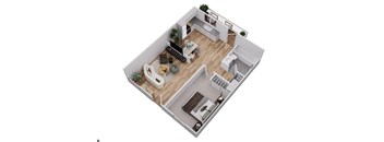 A top-down view of a modern apartment layout with a living room, kitchen, and bathroom.