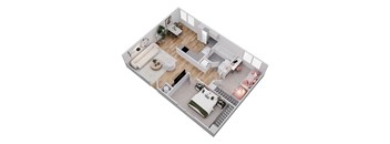 A top-down view of a well-organized apartment with a living area, kitchen, and bedrooms.