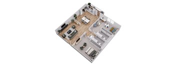 A top-down view of a modern apartment layout with a living room, kitchen, dining area, and bedrooms.