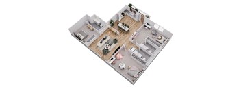 A 3D floor plan of a house with a living room, kitchen, dining room, and bedrooms.