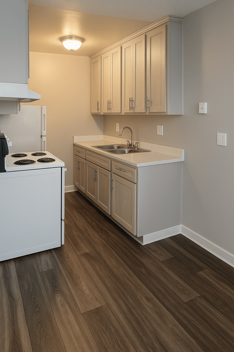 A kitchen with a white stove top oven and a white sink.